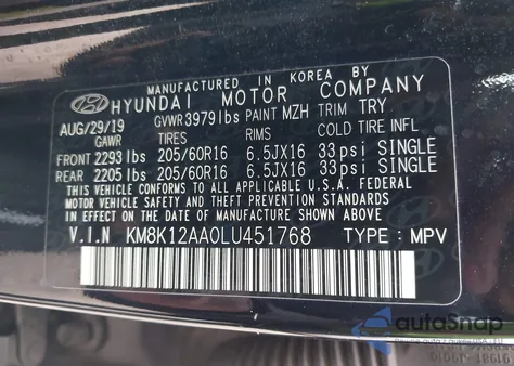 2020 Hyundai Kona Se z USA, uszkodzony, nr VIN KM8K12AA0LU451768